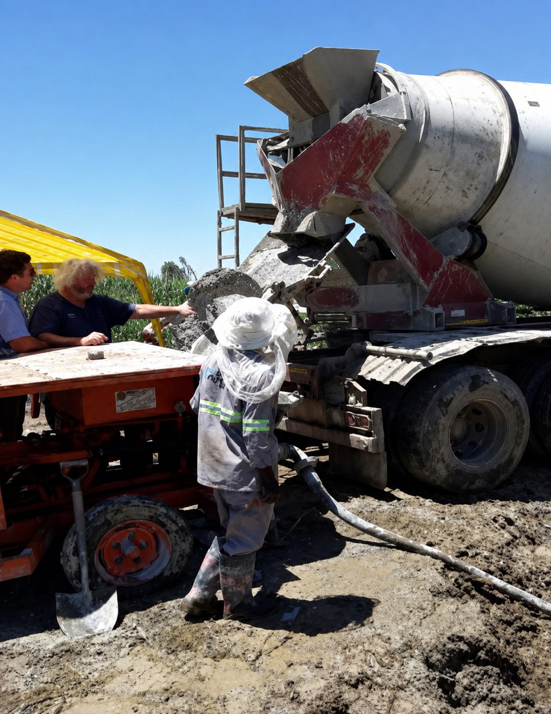 Concrete works underway on mining infrastructure with a site mixer and crew
