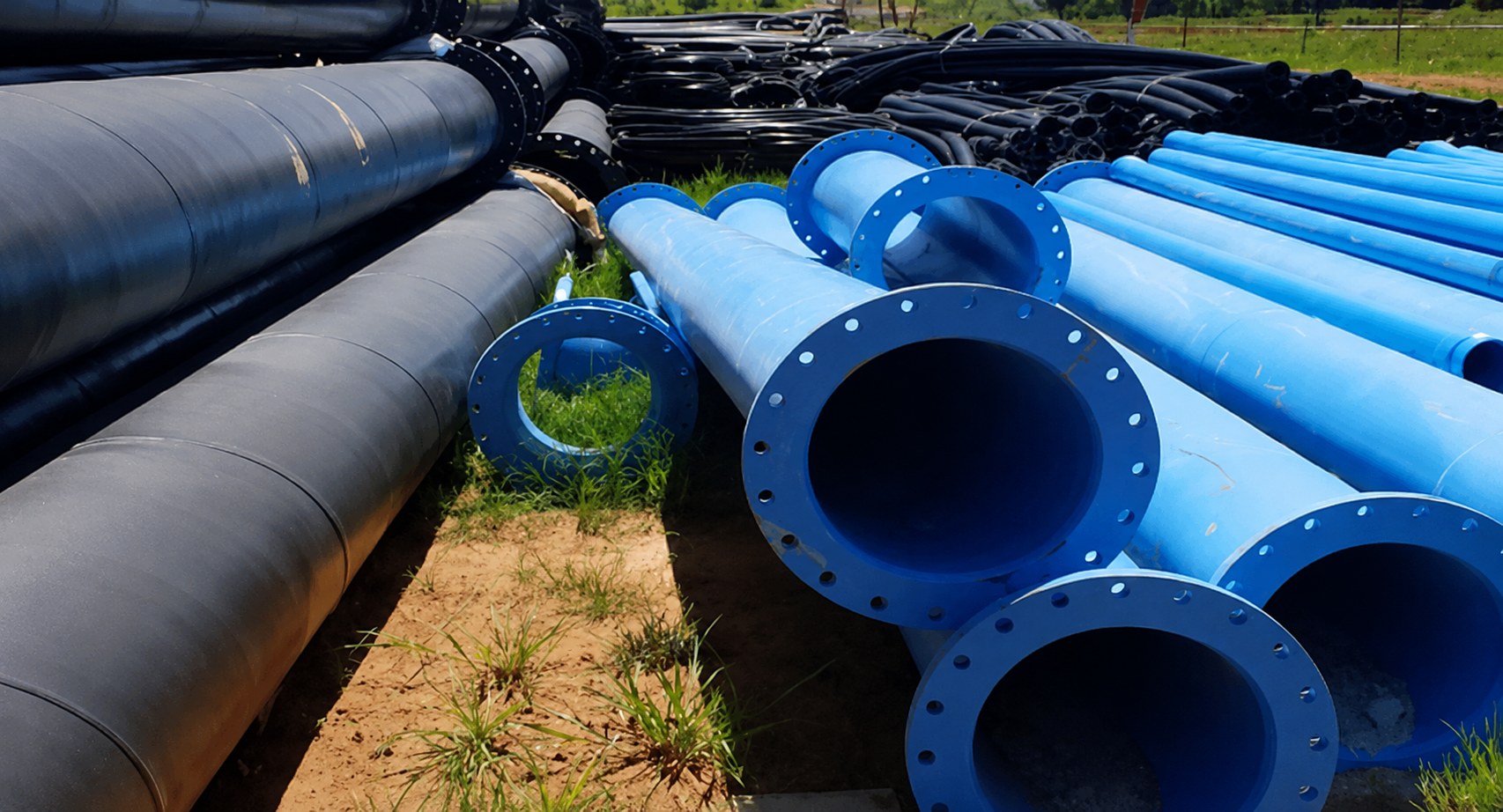 Steel and HDPE pipe sections stockpiled on a mine site ahead of installation